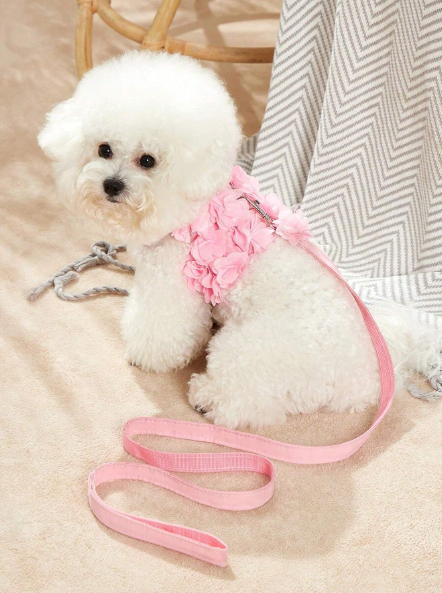 correa y arnes rosa con patron de flores lindo para gatos y perros