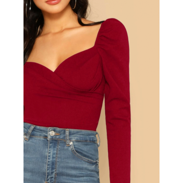 Blusa Sweetheart Cruzado Ajustado De Manga Farol Con Cremallera Trasera ROJA