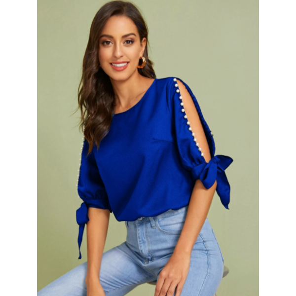 Blusa Top De Manga Con Abertura De Puño Con Nudo Con Perla