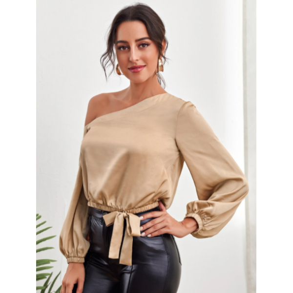 Blusa Top Con Nudo Lateral De Cuello Asimétrico Beigh