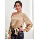 Blusa Top Con Nudo Lateral De Cuello Asimétrico Beigh