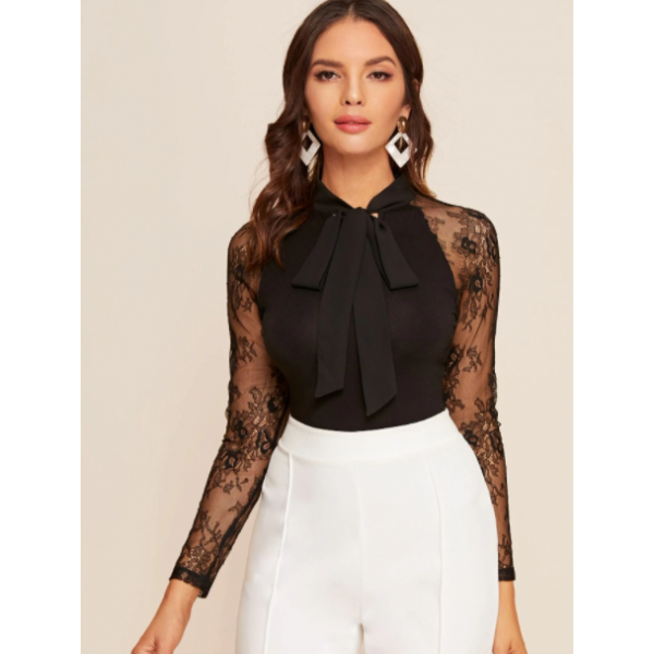 Blusa Top De Manga Raglán Con Encaje Fino De Cuello Con Cordón