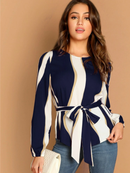 Blusa Cinta A rayas Azul marino Casual