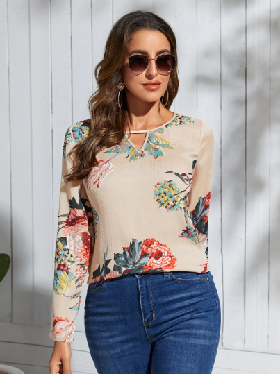 Blusa Top de cuello con abertura de ojo con estampado floral