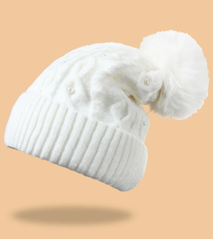 Gorro de doblez pompón &amp; con diseño de perla artificial