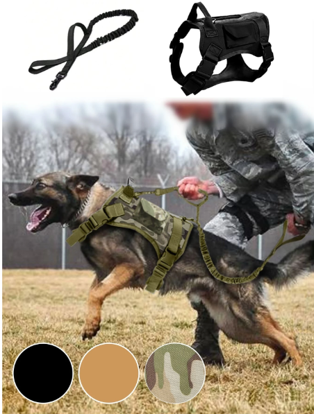 Arnes y correa tactica de camuflaje para mascotas con bolsillos, collar y circunferencia del pecho ajustable para perros tacticos medianos/pequeños