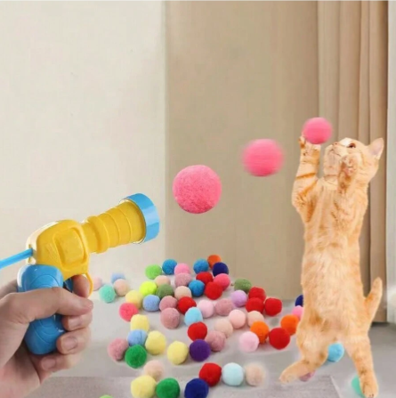 Lanzador de bolas de peluche de plastico juguete interactivo para gatos con bolas de pompon de peluchecuerda para gatos