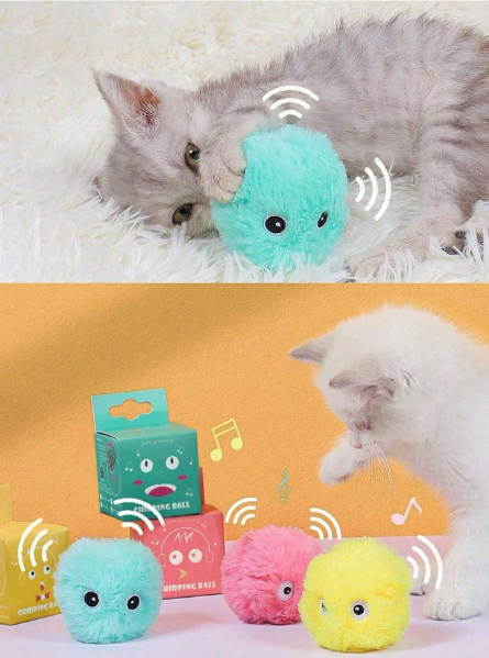 Pelota de peluche interactiva con sonido de trino para gatos