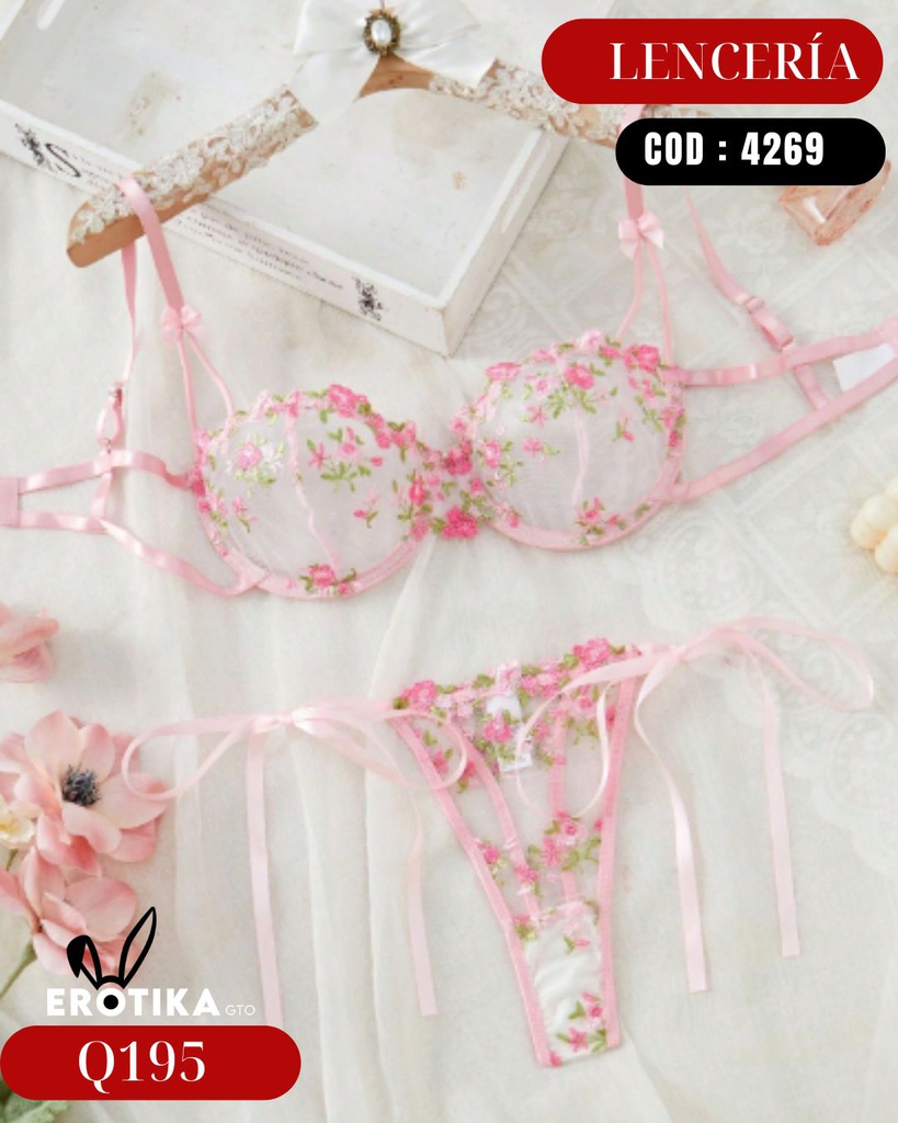 Lenceria body con encaje floral Rosado