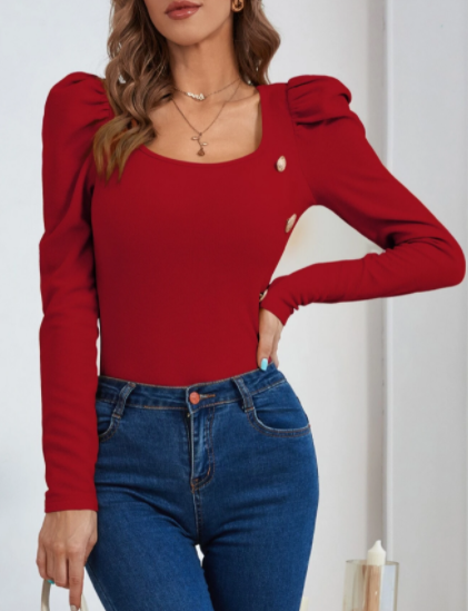 Blusa Top de cuello scoop de manga gigot con diseño de botón