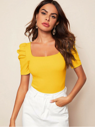 Blusa unicolor tejido de canalé de manga farol Amarillo