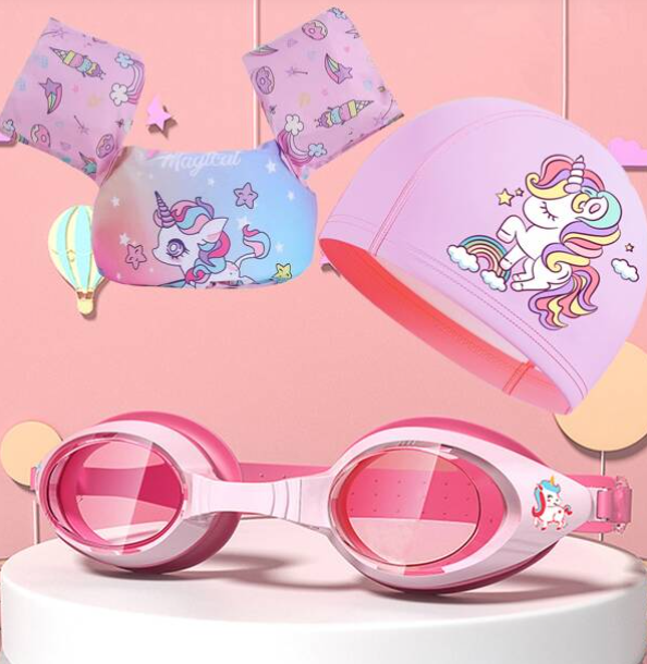 SET 3 Piezas  Flotador  Lente y Gorro de natacion para niña color rosado