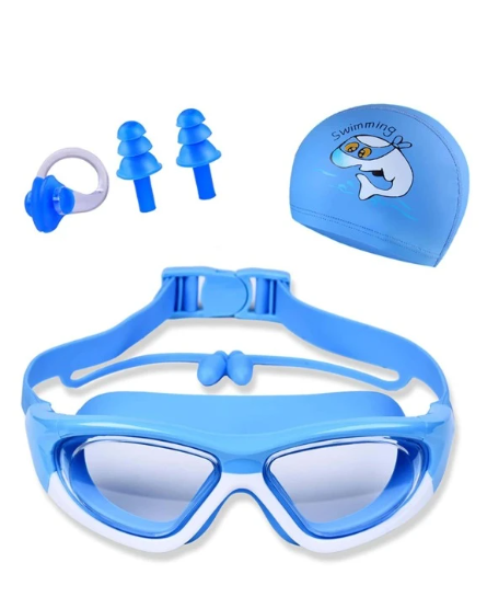 SET  Gorro de natacion Lentes de natacion  Clip de nariz  Tapon de oidos Azul