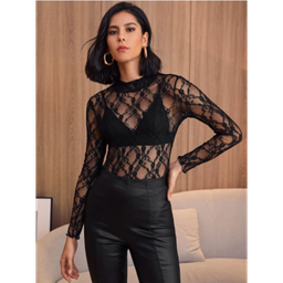 Blusa Top Con Encaje De Cuello Alto Sin Sujetador