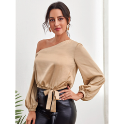 Blusa Top Con Nudo Lateral De Cuello Asimétrico Beigh